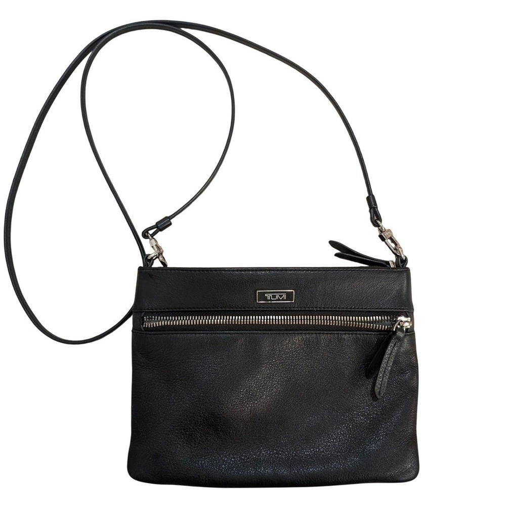 Tumi‎ Black Pebbled Leather Crossbody Bag Silver Hardware Slim Travel Pouch